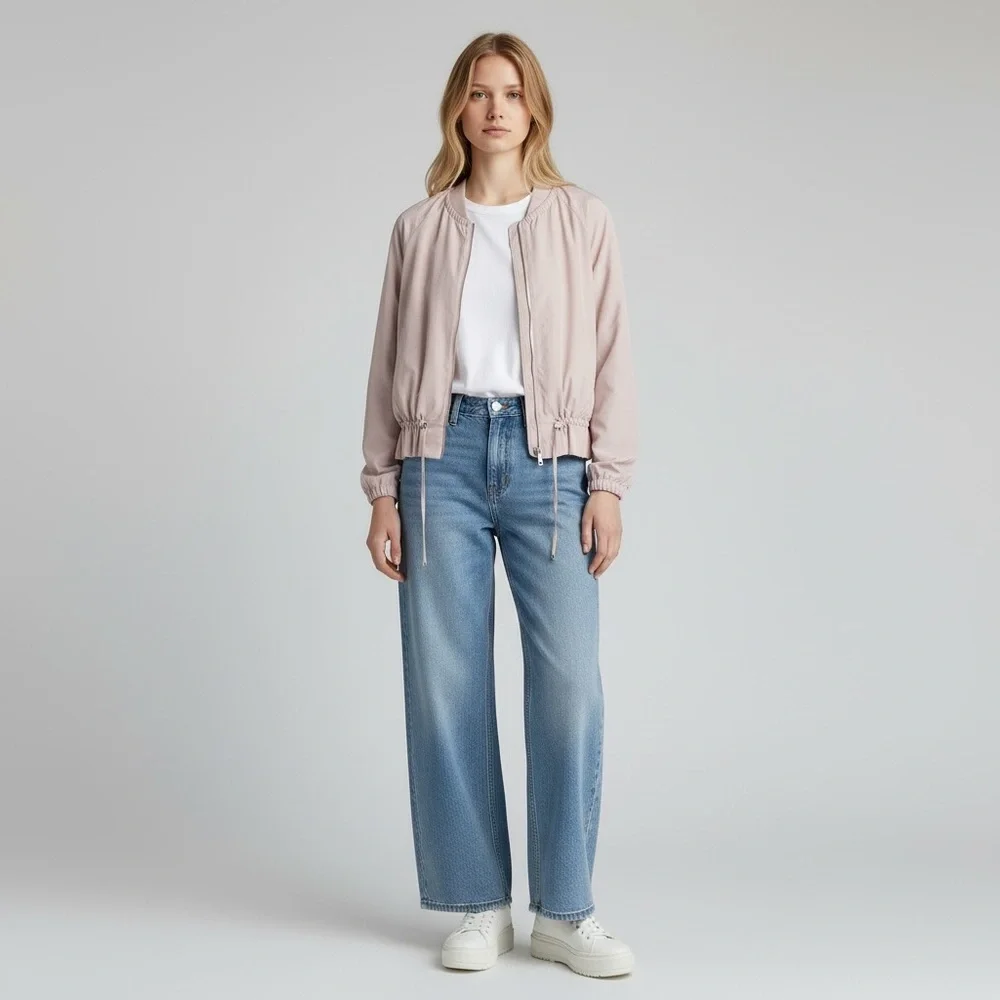 Zara Basic lightweight crew neck peplum drawstring windbreaker jacket lilac pink